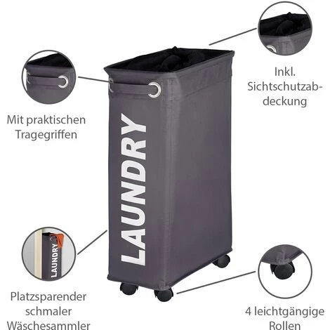 WENKO Panier à Linge étroit, "Laundry", Gris, Capacité 43L, Lot De 2 éponges Offertes 4 WENKO Panier à Linge étroit, "Laundry", Gris, Capacité 43L, Lot De 2 éponges Offertes – Image 2