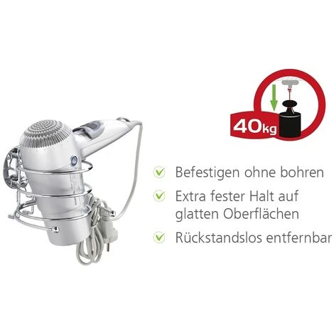 WENKO Porte Sèche Cheveux Mural Sans Perçage Turbo Loc, Support Sèche Cheveux Mural, Adhésif Puissant, Charge 40kg, Lot De 2 éponges Offertes 5 WENKO Porte Sèche Cheveux Mural Sans Perçage Turbo Loc, Support Sèche Cheveux Mural, Adhésif Puissant, Charge 40kg, Lot De 2 éponges Offertes – Image 3