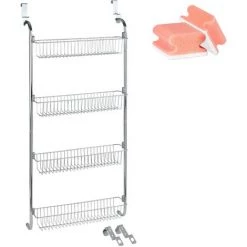 WENKO Etagère à Suspendre Ou à Fixer, 4 Paniers De Rangement, 50x109x14 Cm, Acier Chromé, Lot De 2 éponges Offertes