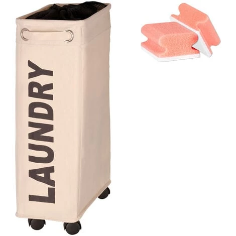 WENKO Panier à Linge étroit, Panier à Linge Sale Corno, "Laundry", Beige, Capacité 43L, Lot De 2 éponges Offertes 3 WENKO Panier à Linge étroit, Panier à Linge Sale Corno, "Laundry", Beige, Capacité 43L, Lot De 2 éponges Offertes
