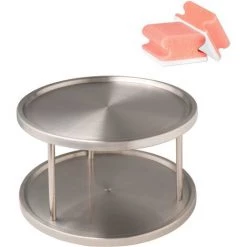 WENKO Plateau Tournant Placard Cuisine, Plateau Tournant épice, 2 Plateaux, Acier Inox, ø26.5x15.5 Cm, Lot De 2 éponges Offertes