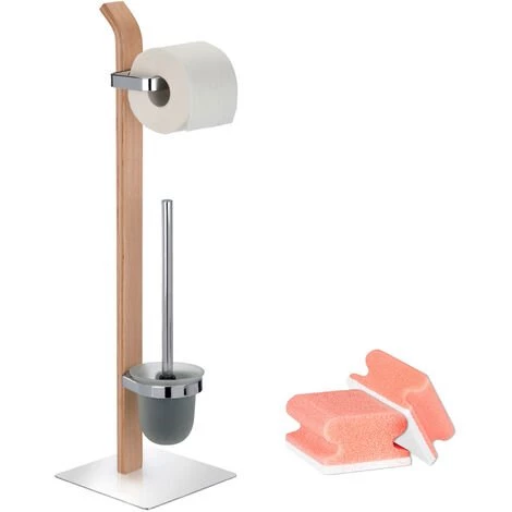 WENKO Combiné WC 2en1, Brosse WC Et Dérouleur Papier Toilette, Bois Et Acier Chromé, Lot De 2 éponges Offertes 3 WENKO Combiné WC 2en1, Brosse WC Et Dérouleur Papier Toilette, Bois Et Acier Chromé, Lot De 2 éponges Offertes