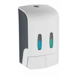 WENKO Distributeur Savon Liquide Mural Tartas, Distributeur Gel Hydroalcoolique Mural, Sans Perçage, Capacité 2x480 ml, Plastique, 14,5x24x9 Cm, Blanc