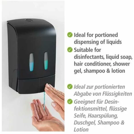 WENKO Distributeur Savon Liquide Mural Tartas, Distributeur Gel Hydroalcoolique Mural, Sans Perçage, Capacité 2x480 ml, Plastique, 14,5x24x9 Cm, Noir 6 WENKO Distributeur Savon Liquide Mural Tartas, Distributeur Gel Hydroalcoolique Mural, Sans Perçage, Capacité 2x480 ml, Plastique, 14,5x24x9 Cm, Noir – Image 4