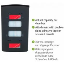 WENKO Distributeur Savon Liquide Mural Tartas, Distributeur Gel Hydroalcoolique Mural, Sans Perçage, Capacité 2x480 ml, Plastique, 14,5x24x9 Cm, Noir 11 WENKO Distributeur Savon Liquide Mural Tartas, Distributeur Gel Hydroalcoolique Mural, Sans Perçage, Capacité 2x480 ml, Plastique, 14,5x24x9 Cm, Noir -WENKO Soldes 32804281 5