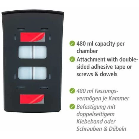 WENKO Distributeur Savon Liquide Mural Tartas, Distributeur Gel Hydroalcoolique Mural, Sans Perçage, Capacité 2x480 ml, Plastique, 14,5x24x9 Cm, Noir 7 WENKO Distributeur Savon Liquide Mural Tartas, Distributeur Gel Hydroalcoolique Mural, Sans Perçage, Capacité 2x480 ml, Plastique, 14,5x24x9 Cm, Noir – Image 5
