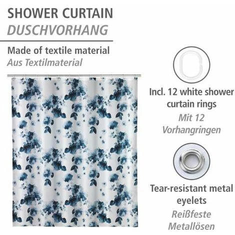 WENKO Rideau De Douche Antimoisissure Rose Bleu, Rideau De Douche Original, Lavable En Machine Et Waterproof, 12 Anneaux Rideau De Douche En Plastique Blanc Inclus, Polyester, 180x200 Cm, Bleu - Blanc 4 WENKO Rideau De Douche Antimoisissure Rose Bleu, Rideau De Douche Original, Lavable En Machine Et Waterproof, 12 Anneaux Rideau De Douche En Plastique Blanc Inclus, Polyester, 180x200 Cm, Bleu - Blanc – Image 2