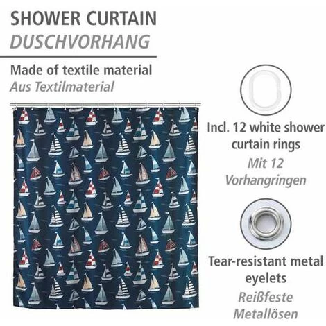 WENKO Rideau De Douche Original Regatta, Rideau De Douche 180x200 Cm, Lavable En Machine Et Waterproof, 12 Anneaux Rideau De Douche En Plastique Blanc Inclus, Polyester, 180x200 Cm, Multicolore 4 WENKO Rideau De Douche Original Regatta, Rideau De Douche 180x200 Cm, Lavable En Machine Et Waterproof, 12 Anneaux Rideau De Douche En Plastique Blanc Inclus, Polyester, 180x200 Cm, Multicolore – Image 2