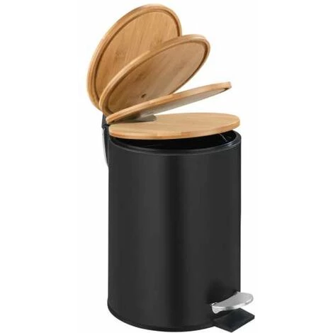 WENKO Poubelle à Pédale Tortona Avec Frein De Chute Easy-Close, Mini Poubelle Salle De Bain 3L, Acier - Bambou,17x23,5x21 Cm, Noir - Marron 4 WENKO Poubelle à Pédale Tortona Avec Frein De Chute Easy-Close, Mini Poubelle Salle De Bain 3L, Acier - Bambou,17x23,5x21 Cm, Noir - Marron – Image 2
