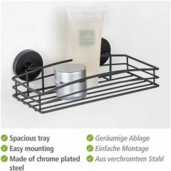 WENKO Etagère Murale Salle De Bain, Panier De Douche Mural Fixation Sans Perçage "Vacuum Loc Plus", Repositionnable Sans Laisser De Trace, Esprit Loft, Acier Verni, 26x6,5x14 Cm, Noir -WENKO Soldes 32804318 3