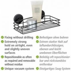 WENKO Etagère Murale Salle De Bain, Panier De Douche Mural Fixation Sans Perçage "Vacuum Loc Plus", Repositionnable Sans Laisser De Trace, Esprit Loft, Acier Verni, 26x6,5x14 Cm, Noir -WENKO Soldes 32804318 4