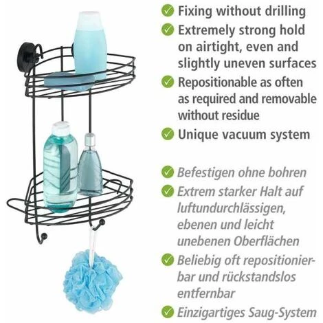 WENKO Etagère D'angle Salle De Bain Murale, 2 Paniers De Douche Fixation Sans Perçage "Vacuum Loc Plus", Repositionnable Sans Laisser De Trace, Esprit Loft, Acier Verni, 23x43x21 Cm, Noir 6 WENKO Etagère D'angle Salle De Bain Murale, 2 Paniers De Douche Fixation Sans Perçage "Vacuum Loc Plus", Repositionnable Sans Laisser De Trace, Esprit Loft, Acier Verni, 23x43x21 Cm, Noir – Image 4