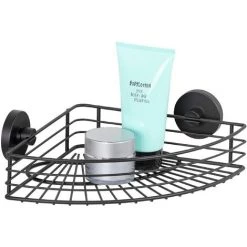 WENKO Etagère D'angle Salle De Bain Murale Bari, Panier De Douche D'angle Fixation Sans Perçage "Vacuum Loc Plus", Repositionnable Sans Laisser De Trace, Esprit Loft, Acier Verni, 35x9x22,5 Cm, Noir