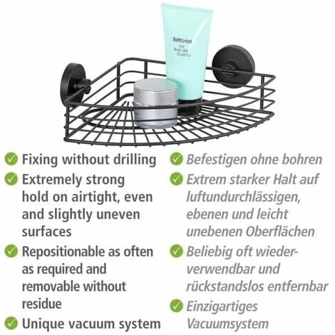 WENKO Etagère D'angle Salle De Bain Murale Bari, Panier De Douche D'angle Fixation Sans Perçage "Vacuum Loc Plus", Repositionnable Sans Laisser De Trace, Esprit Loft, Acier Verni, 35x9x22,5 Cm, Noir 6 WENKO Etagère D'angle Salle De Bain Murale Bari, Panier De Douche D'angle Fixation Sans Perçage "Vacuum Loc Plus", Repositionnable Sans Laisser De Trace, Esprit Loft, Acier Verni, 35x9x22,5 Cm, Noir – Image 4