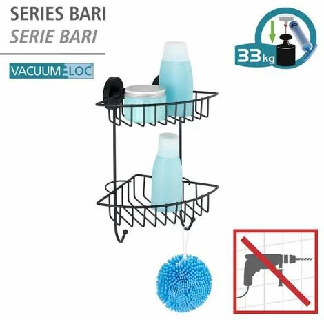 WENKO Etagère D'angle Douche Salle De Bain Murale Bari, 2 Paniers De Douche, Fixation Sans Perçage "Vacuum Loc Plus", Repositionnable Sans Laisser De Trace, Esprit Loft, Acier, 22,5x29,5x16 Cm, Noir 4 WENKO Etagère D'angle Douche Salle De Bain Murale Bari, 2 Paniers De Douche, Fixation Sans Perçage "Vacuum Loc Plus", Repositionnable Sans Laisser De Trace, Esprit Loft, Acier, 22,5x29,5x16 Cm, Noir – Image 2