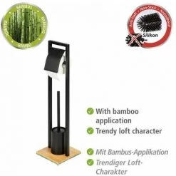 WENKO Serviteur WC 2en1 Bambusa Avec Dérouleur Papier Toilette Et Brosse WC, Acier Noir Et Base Bambou, 18x72,5x18 Cm, Noir - Marron -WENKO Soldes 32804331 3