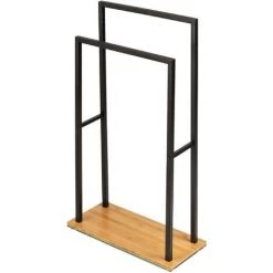 WENKO Porte Serviette Salle De Bain Sur Pied, 2 Barres Porte Serviette, Acier - Base Bois Lestée En Bambou, 46x20x80 Cm, Noir - Marron