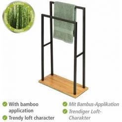 WENKO Porte Serviette Salle De Bain Sur Pied, 2 Barres Porte Serviette, Acier - Base Bois Lestée En Bambou, 46x20x80 Cm, Noir - Marron -WENKO Soldes 32804332 3