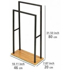 WENKO Porte Serviette Salle De Bain Sur Pied, 2 Barres Porte Serviette, Acier - Base Bois Lestée En Bambou, 46x20x80 Cm, Noir - Marron -WENKO Soldes 32804332 4