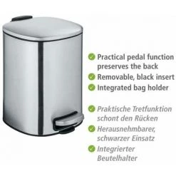 WENKO Poubelle à Pédale Alassio, Petite Poubelle Salle De Bain, Capacité 5L, Acier, 24,5x20,5x27 Cm, Mat -WENKO Soldes 32804336 3