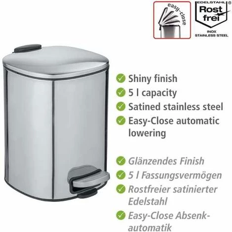 WENKO Poubelle à Pédale Alassio, Petite Poubelle Salle De Bain, Capacité 5L, Acier, 24,5x20,5x27 Cm, Brillant 4 WENKO Poubelle à Pédale Alassio, Petite Poubelle Salle De Bain, Capacité 5L, Acier, 24,5x20,5x27 Cm, Brillant – Image 2