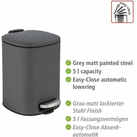 WENKO Poubelle à Pédale Alassio, Petite Poubelle Salle De Bain, Capacité 5L, Acier, 24,5x20,5x27 Cm, Gris 4 WENKO Poubelle à Pédale Alassio, Petite Poubelle Salle De Bain, Capacité 5L, Acier, 24,5x20,5x27 Cm, Gris – Image 2