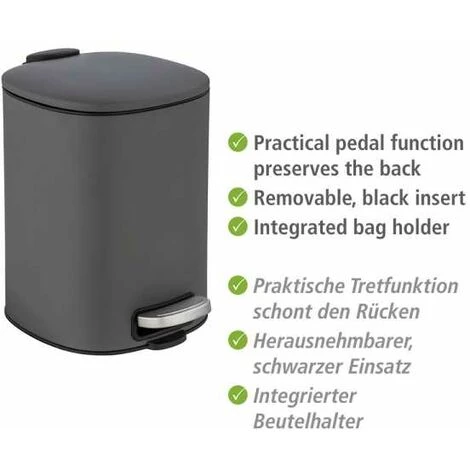 WENKO Poubelle à Pédale Alassio, Petite Poubelle Salle De Bain, Capacité 5L, Acier, 24,5x20,5x27 Cm, Gris 5 WENKO Poubelle à Pédale Alassio, Petite Poubelle Salle De Bain, Capacité 5L, Acier, 24,5x20,5x27 Cm, Gris – Image 3