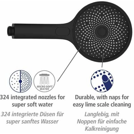 WENKO Pommeau De Douche 3 Jets Softwater, Pommeau De Douche Avec Micro Gouttelettes Fines Et Apaisantes, 324 Buses Intégrées, Embout Universel 1/2", Plastique ABS, ø13 Cm, Noir Mat 5 WENKO Pommeau De Douche 3 Jets Softwater, Pommeau De Douche Avec Micro Gouttelettes Fines Et Apaisantes, 324 Buses Intégrées, Embout Universel 1/2", Plastique ABS, ø13 Cm, Noir Mat – Image 3