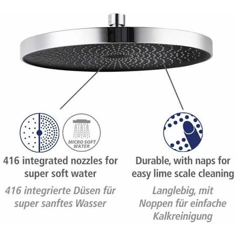 WENKO Tête De Douche Effet Pluie Softwater, Pommeau De Douche Italienne Avec Micro Gouttelettes Fines Et Apaisantes, 416 Buses Intégrées, Embout Standard 1/2", Plastique ø26 Cm, Chromé - Noir 5 WENKO Tête De Douche Effet Pluie Softwater, Pommeau De Douche Italienne Avec Micro Gouttelettes Fines Et Apaisantes, 416 Buses Intégrées, Embout Standard 1/2", Plastique ø26 Cm, Chromé - Noir – Image 3