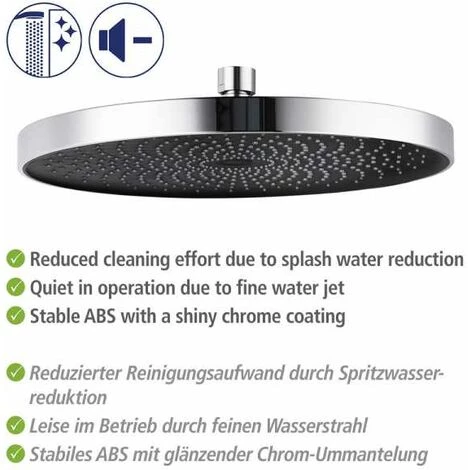 WENKO Tête De Douche Effet Pluie Softwater, Pommeau De Douche Italienne Avec Micro Gouttelettes Fines Et Apaisantes, 416 Buses Intégrées, Embout Standard 1/2", Plastique ø26 Cm, Chromé - Noir 7 WENKO Tête De Douche Effet Pluie Softwater, Pommeau De Douche Italienne Avec Micro Gouttelettes Fines Et Apaisantes, 416 Buses Intégrées, Embout Standard 1/2", Plastique ø26 Cm, Chromé - Noir – Image 5