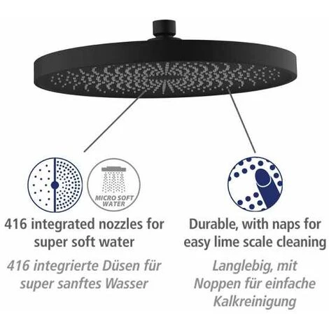 WENKO Tête De Douche Effet Pluie Softwater, Pommeau De Douche Italienne Avec Micro Gouttelettes Fines Et Apaisantes, 416 Buses Intégrées, Embout Standard 1/2", Plastique ø26 Cm, Noir 5 WENKO Tête De Douche Effet Pluie Softwater, Pommeau De Douche Italienne Avec Micro Gouttelettes Fines Et Apaisantes, 416 Buses Intégrées, Embout Standard 1/2", Plastique ø26 Cm, Noir – Image 3