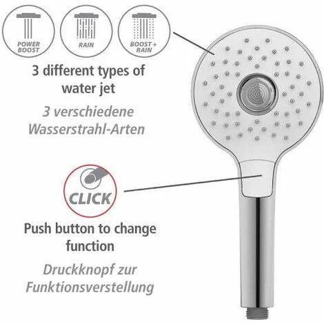 WENKO Pommeau De Douche 3 Jets Powerboost, Pommeau Douche Haute Pression Revigorant Grâce Aux 96 Buses, Design Rond, Embout Universel 1/2", Plastique ABS, ø12 Cm, Chromé - Blanc 6 WENKO Pommeau De Douche 3 Jets Powerboost, Pommeau Douche Haute Pression Revigorant Grâce Aux 96 Buses, Design Rond, Embout Universel 1/2", Plastique ABS, ø12 Cm, Chromé - Blanc – Image 4