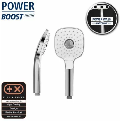 WENKO Pommeau De Douche 3 Jets Powerboost, Pommeau Douche Haute Pression Revigorant Grâce Aux 96 Buses, Design Carré, Embout Universel 1/2", Plastique ABS, 12x12 Cm, Chromé - Blanc 4 WENKO Pommeau De Douche 3 Jets Powerboost, Pommeau Douche Haute Pression Revigorant Grâce Aux 96 Buses, Design Carré, Embout Universel 1/2", Plastique ABS, 12x12 Cm, Chromé - Blanc – Image 2