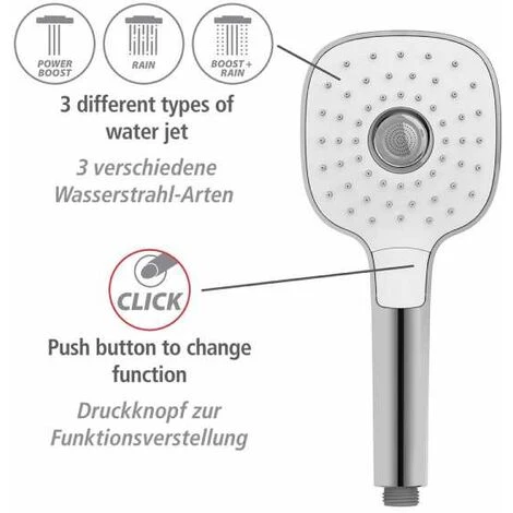 WENKO Pommeau De Douche 3 Jets Powerboost, Pommeau Douche Haute Pression Revigorant Grâce Aux 96 Buses, Design Carré, Embout Universel 1/2", Plastique ABS, 12x12 Cm, Chromé - Blanc 6 WENKO Pommeau De Douche 3 Jets Powerboost, Pommeau Douche Haute Pression Revigorant Grâce Aux 96 Buses, Design Carré, Embout Universel 1/2", Plastique ABS, 12x12 Cm, Chromé - Blanc – Image 4