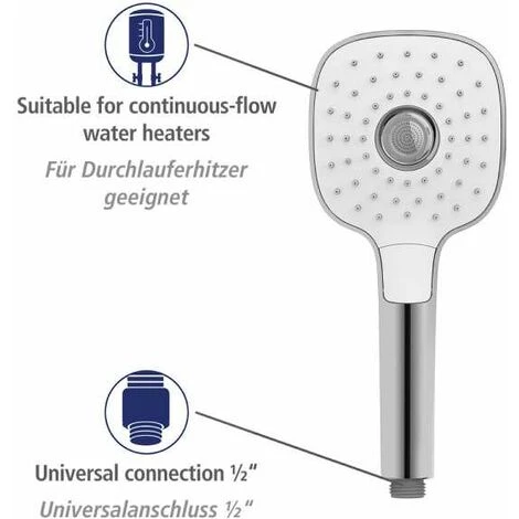 WENKO Pommeau De Douche 3 Jets Powerboost, Pommeau Douche Haute Pression Revigorant Grâce Aux 96 Buses, Design Carré, Embout Universel 1/2", Plastique ABS, 12x12 Cm, Chromé - Blanc 7 WENKO Pommeau De Douche 3 Jets Powerboost, Pommeau Douche Haute Pression Revigorant Grâce Aux 96 Buses, Design Carré, Embout Universel 1/2", Plastique ABS, 12x12 Cm, Chromé - Blanc – Image 5