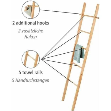 WENKO Echelle Porte Serviette Norway, 5 Portants Et Deux Crochets De Suspension, Bois Noyer, 43x170x4 Cm, Marron 5 WENKO Echelle Porte Serviette Norway, 5 Portants Et Deux Crochets De Suspension, Bois Noyer, 43x170x4 Cm, Marron – Image 3