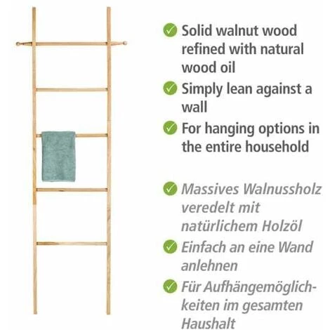 WENKO Echelle Porte Serviette Norway, 5 Portants Et Deux Crochets De Suspension, Bois Noyer, 43x170x4 Cm, Marron 6 WENKO Echelle Porte Serviette Norway, 5 Portants Et Deux Crochets De Suspension, Bois Noyer, 43x170x4 Cm, Marron – Image 4