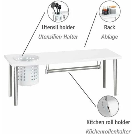 WENKO Organiseur Cuisine, étagère évier Cuisine Avec Dérouleur Sopalin Et Porte Ustensile, Acier Inox/MDF, 55x21x18 Cm, Blanc 4 WENKO Organiseur Cuisine, étagère évier Cuisine Avec Dérouleur Sopalin Et Porte Ustensile, Acier Inox/MDF, 55x21x18 Cm, Blanc – Image 2