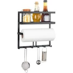 WENKO Etagère Cuisine Multifonction Gala, Etagère Métal Noir Avec Distributeur Sopalin Mural Et Crochets Suspension Ustensiles De Cuisine, Métal, 30x33x9 Cm, Noir