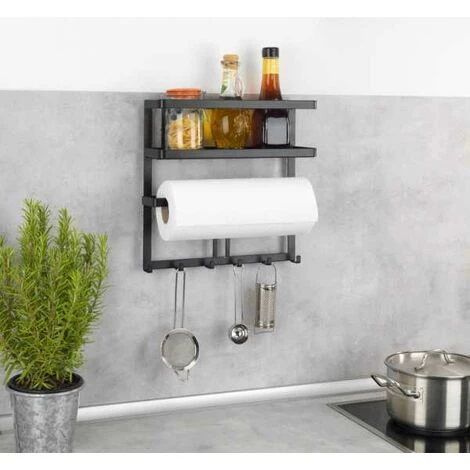 WENKO Etagère Cuisine Multifonction Gala, Etagère Métal Noir Avec Distributeur Sopalin Mural Et Crochets Suspension Ustensiles De Cuisine, Métal, 30x33x9 Cm, Noir 5 WENKO Etagère Cuisine Multifonction Gala, Etagère Métal Noir Avec Distributeur Sopalin Mural Et Crochets Suspension Ustensiles De Cuisine, Métal, 30x33x9 Cm, Noir – Image 3