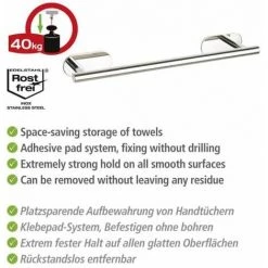 WENKO Porte Serviette Salle De Bain Mural Orea, Fixation Sans Perçage "Turbo Loc Plus", Acier Inox, 40x4,5x7 Cm, Brillant -WENKO Soldes 32828069 3