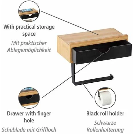 WENKO Porte Papier Toilette Bois Mural Bambusa, Dérouleur Papier Toilette Avec Support Smartphone Et Tiroir De Rangement, Bambou, 18,5x14x10,5 Cm, Noir - Marron 4 WENKO Porte Papier Toilette Bois Mural Bambusa, Dérouleur Papier Toilette Avec Support Smartphone Et Tiroir De Rangement, Bambou, 18,5x14x10,5 Cm, Noir - Marron – Image 2