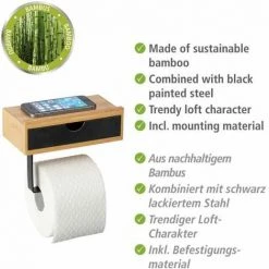 WENKO Porte Papier Toilette Bois Mural Bambusa, Dérouleur Papier Toilette Avec Support Smartphone Et Tiroir De Rangement, Bambou, 18,5x14x10,5 Cm, Noir - Marron 9 WENKO Porte Papier Toilette Bois Mural Bambusa, Dérouleur Papier Toilette Avec Support Smartphone Et Tiroir De Rangement, Bambou, 18,5x14x10,5 Cm, Noir - Marron -WENKO Soldes 33094575 3