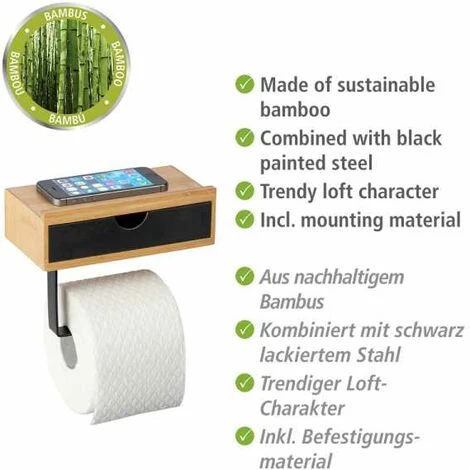 WENKO Porte Papier Toilette Bois Mural Bambusa, Dérouleur Papier Toilette Avec Support Smartphone Et Tiroir De Rangement, Bambou, 18,5x14x10,5 Cm, Noir - Marron 5 WENKO Porte Papier Toilette Bois Mural Bambusa, Dérouleur Papier Toilette Avec Support Smartphone Et Tiroir De Rangement, Bambou, 18,5x14x10,5 Cm, Noir - Marron – Image 3