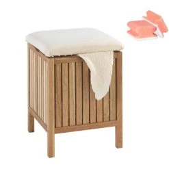WENKO Tabouret Panier à Linge Bois, Coffre à Linge Bois, Norway Style Scandinave, 65L, Lot De 2 éponges Offertes