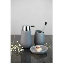 WENKO Set Accessoires Salle De Bain, Gobelet Brosse à Dent, Distributeur Savon Liquide, Brosse WC, Céramique, Badi, Gris Mat -WENKO Soldes 33295239 2