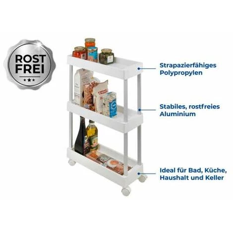 WENKO Desserte à Roulette étroite Mino, Desserte Range épices, 3 étagères De Rangement Et 4 Roulettes, Aluminium - Plastique, 18x80x45 Cm, Blanc -argent 6 WENKO Desserte à Roulette étroite Mino, Desserte Range épices, 3 étagères De Rangement Et 4 Roulettes, Aluminium - Plastique, 18x80x45 Cm, Blanc -argent – Image 4