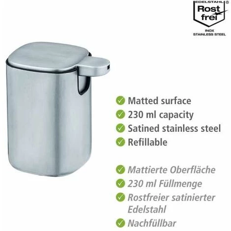 WENKO Distributeur Savon Liquide Alassio, Capacité 230 Ml, Acier Inox, 9,3x39,2x9,3 Cm, Mat 4 WENKO Distributeur Savon Liquide Alassio, Capacité 230 Ml, Acier Inox, 9,3x39,2x9,3 Cm, Mat – Image 2