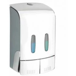 WENKO Distributeur Savon Liquide Mural Tartas, Distributeur Gel Hydroalcoolique Mural, Sans Perçage, Capacité 2x480 ml, Plastique, 14,5x24x9 Cm, Chromé