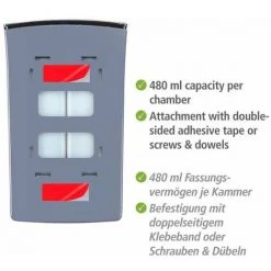 WENKO Distributeur Savon Liquide Mural Tartas, Distributeur Gel Hydroalcoolique Mural, Sans Perçage, Capacité 2x480 ml, Plastique, 14,5x24x9 Cm, Chromé -WENKO Soldes 34038525 5
